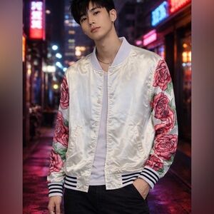 Joyrich Men’s Small Rose City White Satin Bomber Jacket - Floral Sleeves